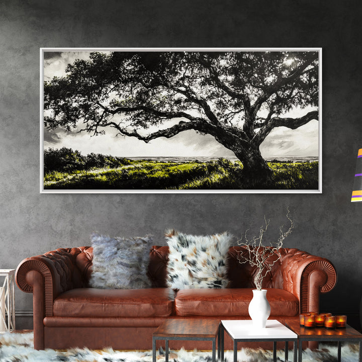 Oak Tree, Scenic Meadow, Black and White Landscape, Framed Canvas Print, Nature Wall Art, Large Canvas Artwork, Living Room Decor