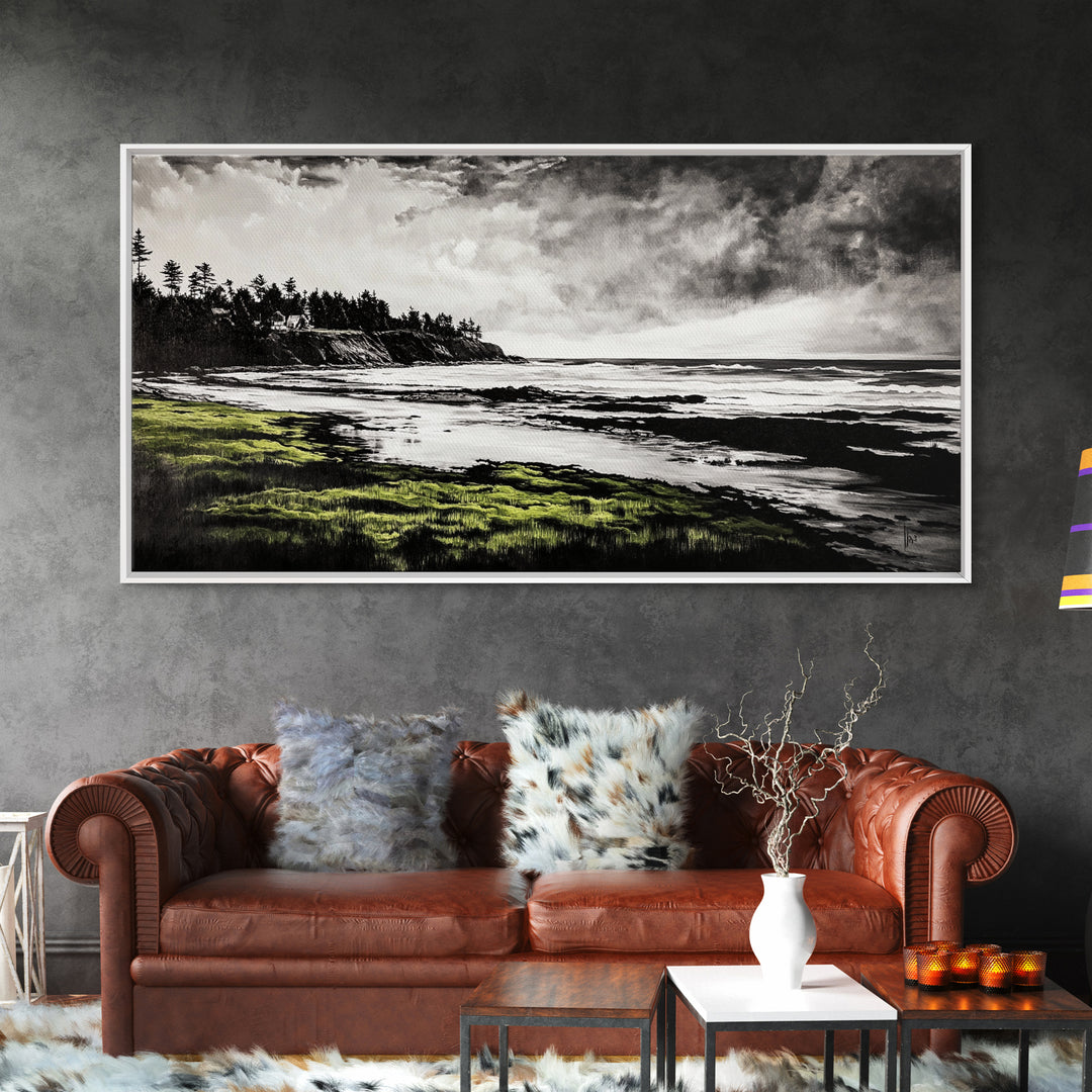 Coastal Landscape, Ocean View, Black and White Beach Art, Canvas Print, Seaside Home Decor, Nautical Wall Art, Office Artwork