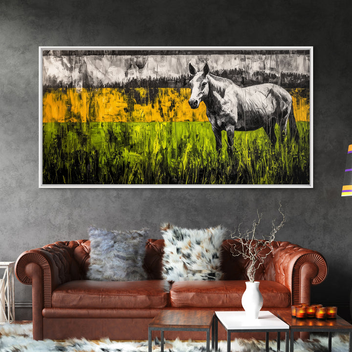Abstract Horse, Farmhouse, Framed Canvas Print, Rustic Wall Art, Country Decor, Bold Yellow and Green, Large Wall Art, Equestrian Art