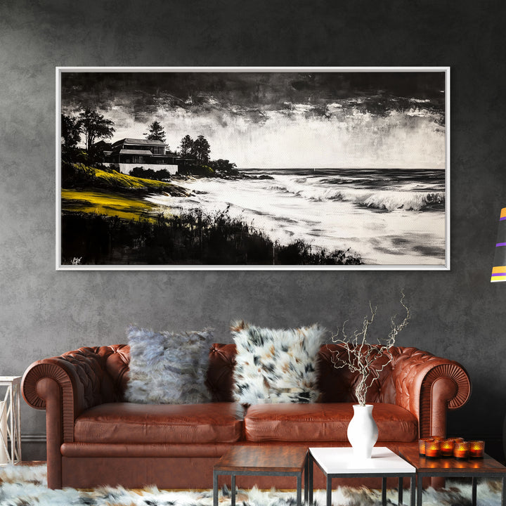 Coastal Landscape, Black and White, Framed Canvas Print, Beach House Wall Art, Nautical Decor, Ocean View Art, Minimalist Seascape