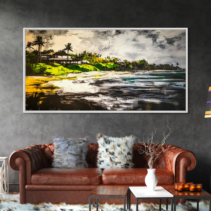 Beach House, Ocean View, Tropical Landscape, Framed Canvas Print, Coastal Art, Beach Wall Decor, Living Room Art, Boho Wall Art