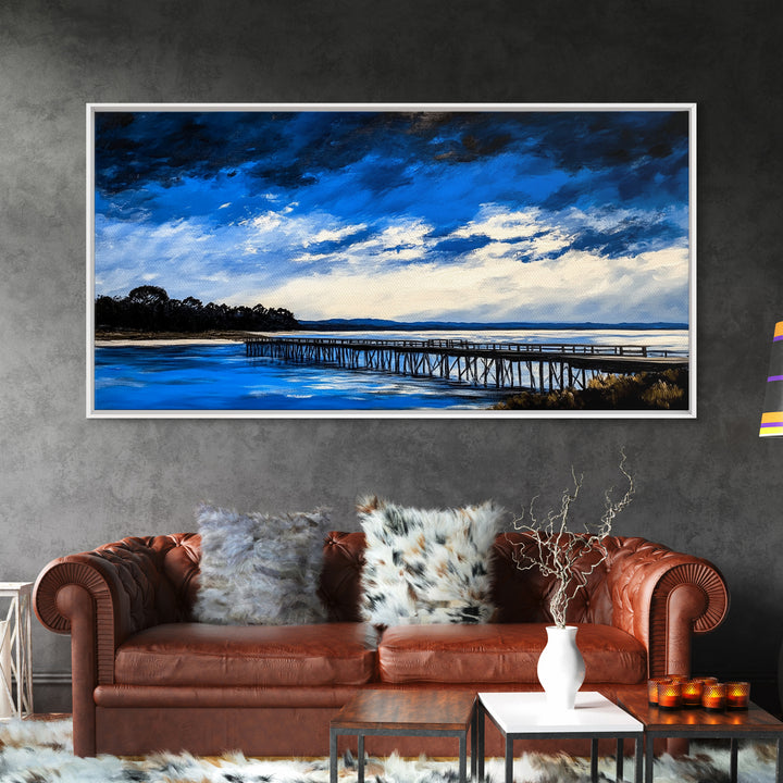Blue Pier, Lake Scene, Stormy Sky, Framed Canvas Print, Nautical Art, Minimalist Landscape, Bedroom Wall Decor, Large Wall Art