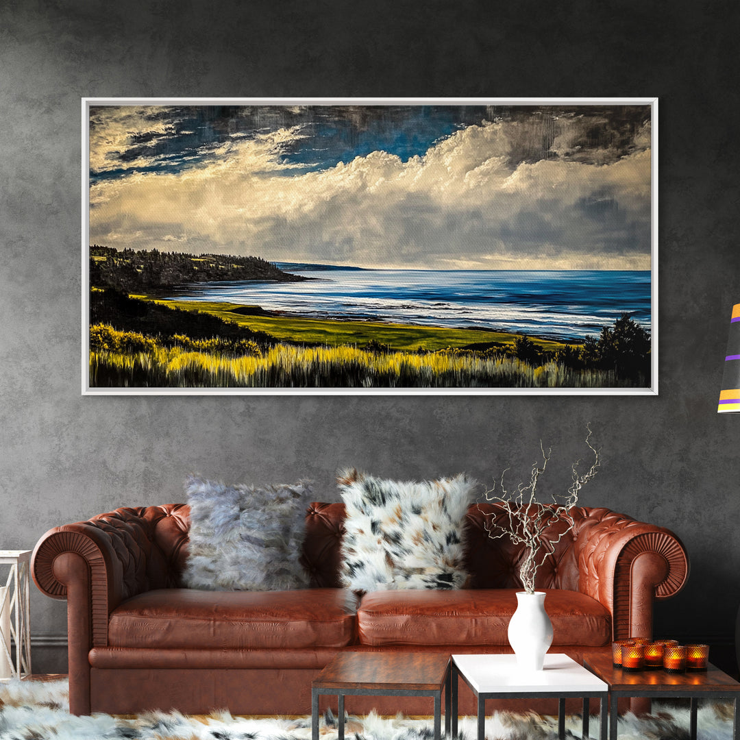 Coastal Bluffs, Ocean Horizon, Cloudy Sky, Framed Canvas Print, Nautical Wall Art, Large Landscape, Living Room Wall Art, Moody Art