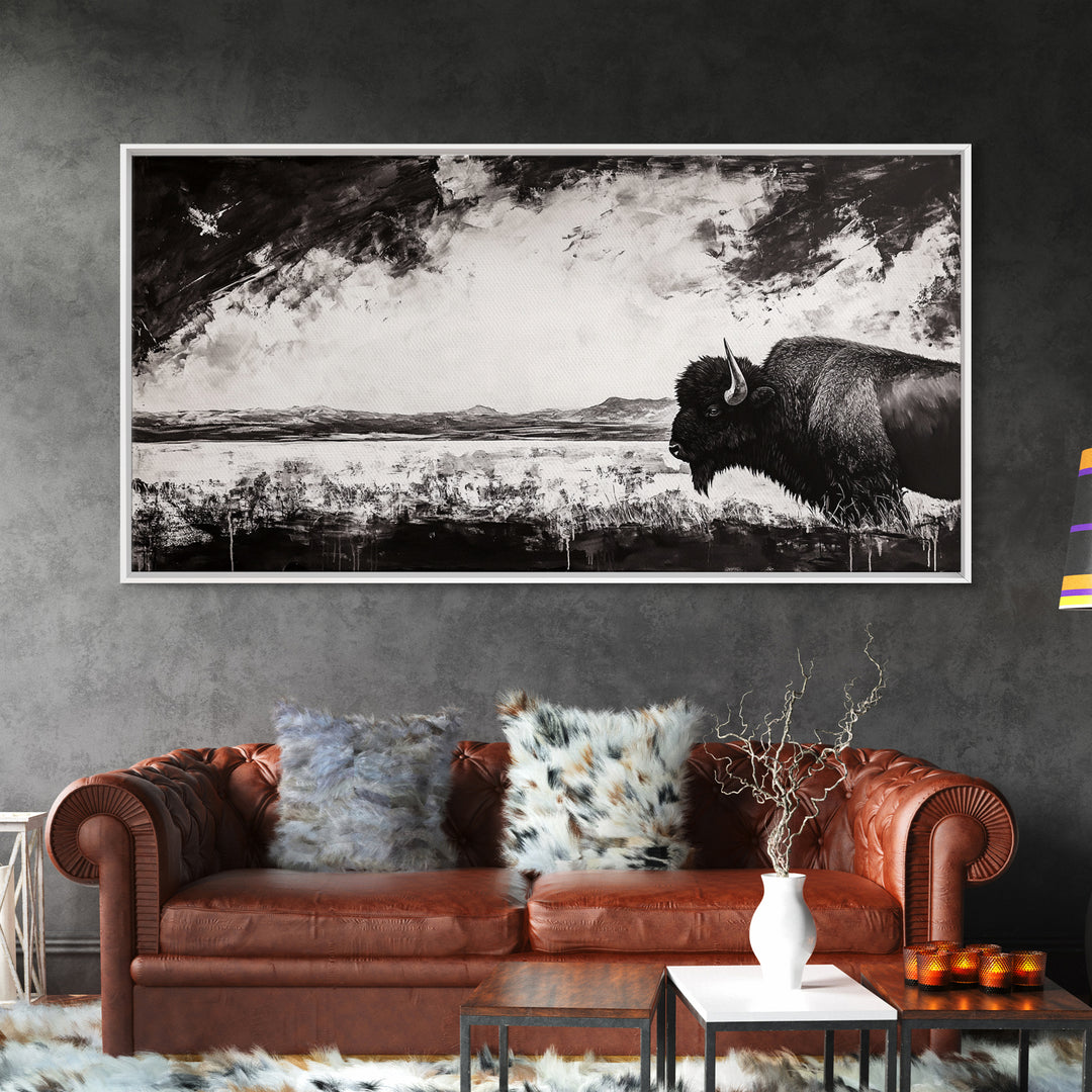 Bison Landscape, Western Art, Black and White Buffalo, Rustic Home Decor, Southwestern Wall Art, Nature Artwork, Framed Canvas Print