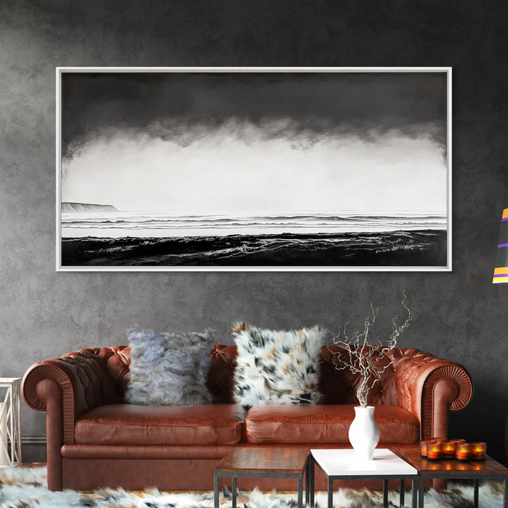 Foggy Ocean, Misty Beach, Black and White Minimalist, Canvas Print, Modern Wall Art, Bedroom Decor, Neutral Tones, Serene Seascape