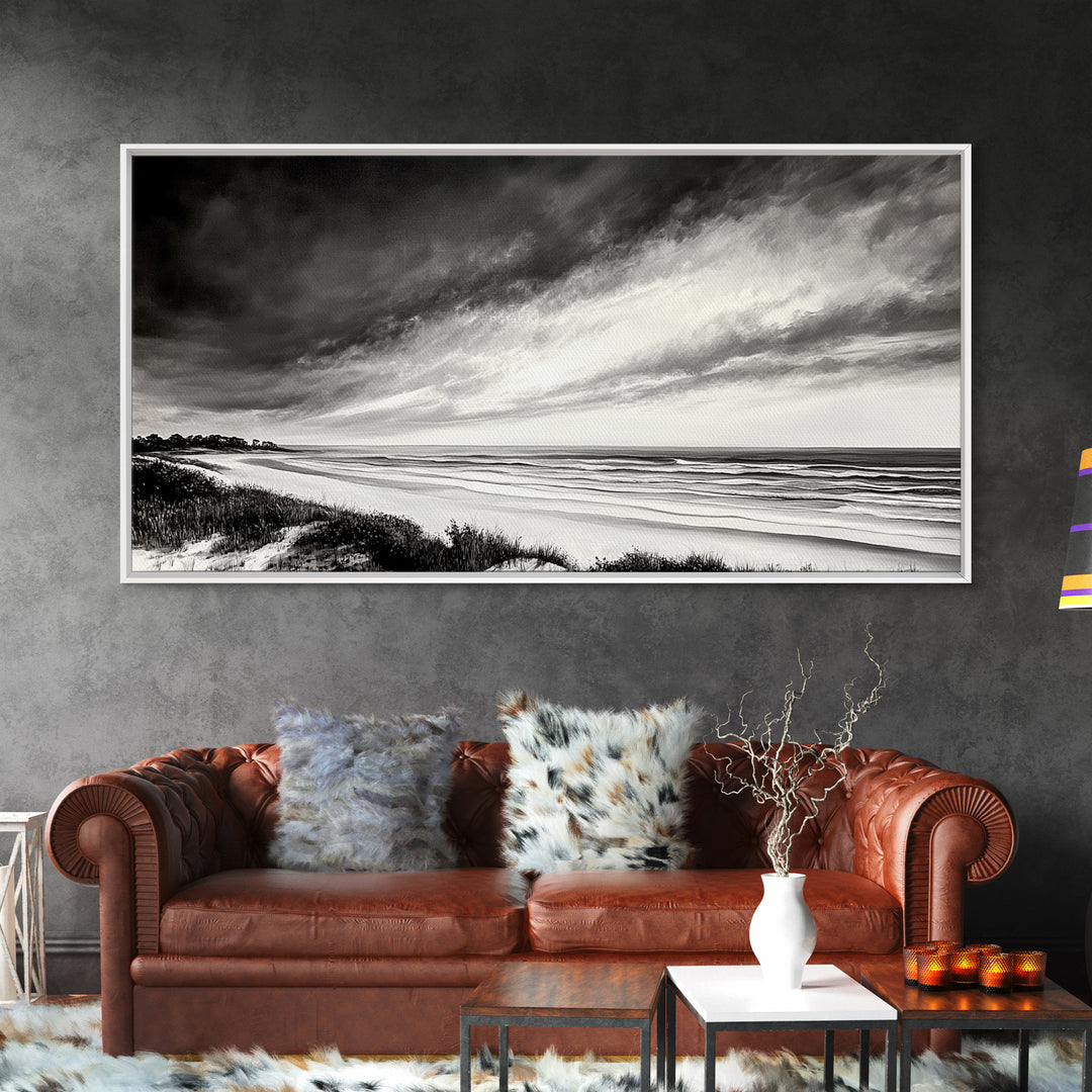 Coastal Storm, Dramatic Beach Scene, Black and White Seascape, Modern Coastal Art, Neutral Wall Decor, Canvas Print, Living Room Art