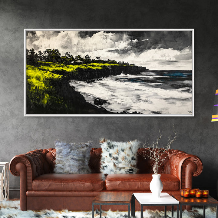 Cliffside Ocean View Landscape, Black and White Seascape, Nautical Wall Decor, Living Room Art, Beach House Scene, Framed Canvas Print