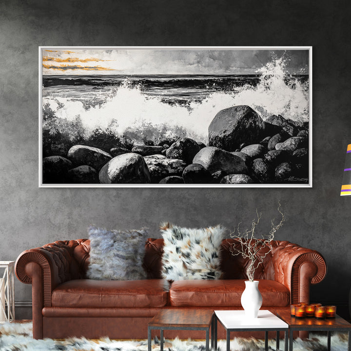 Rocky Shore, Powerful Ocean Waves, Dramatic Black and White Seascape, Coastal Home Decor, Framed Canvas Print, Living Room Accent