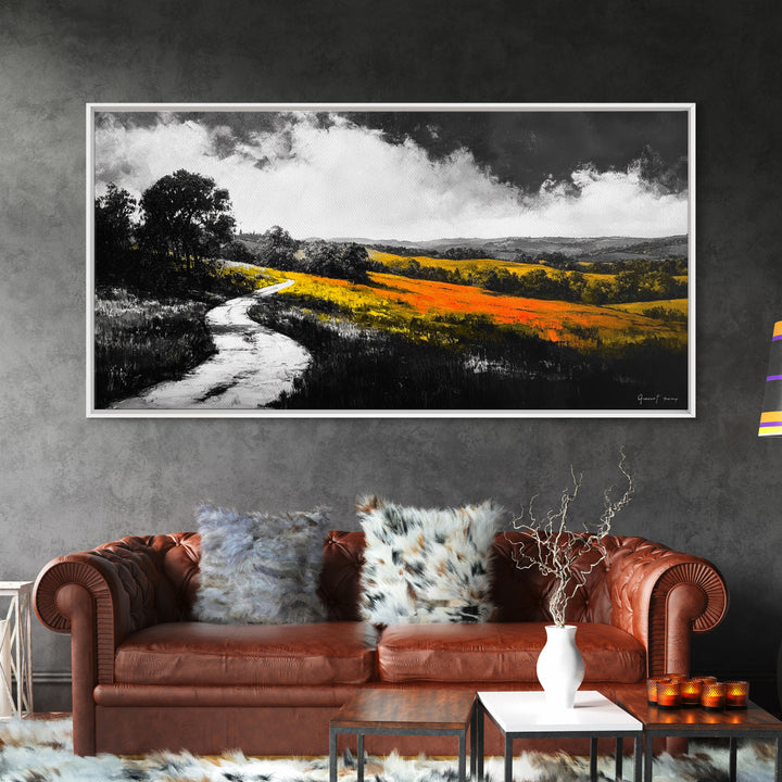 Rolling Hills, Country Path, Black and White Landscape, Canvas Print, Autumn Fields, Minimalist Wall Art, Living Room Decor, Bold Contrast