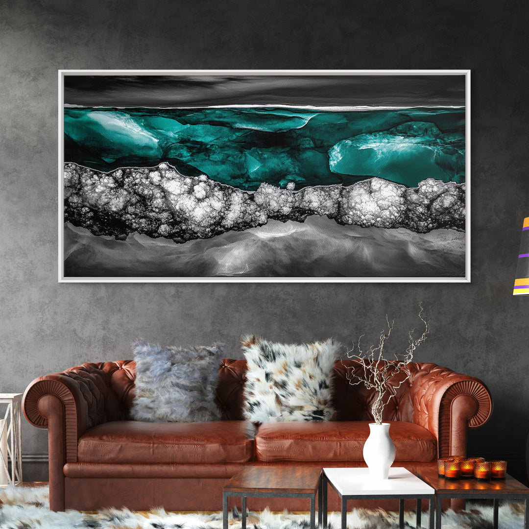 Ocean Depths, Abstract Water, Teal and Black, Framed Canvas Print, Coastal Decor, Modern Wall Art, Living Room Accent, Textured Painting