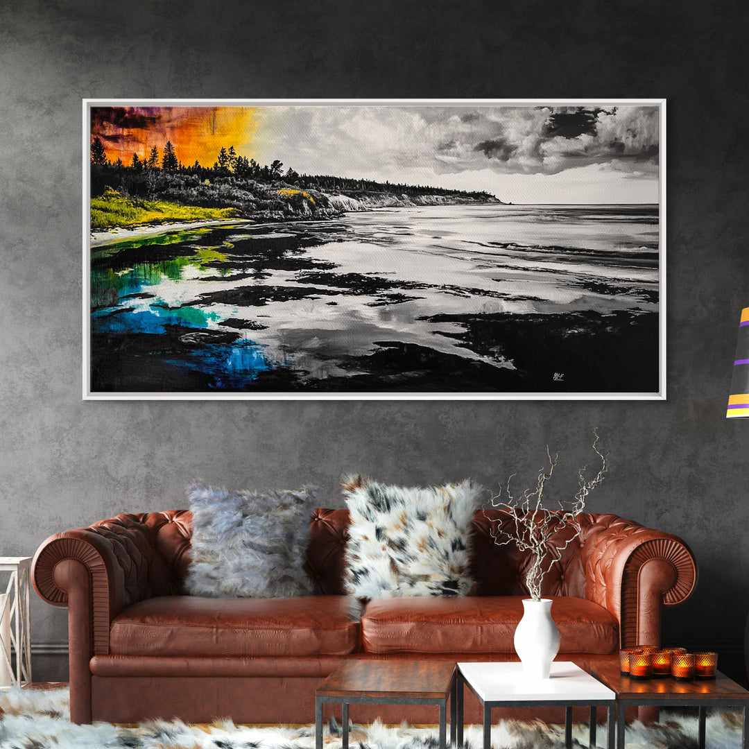 Coastal Landscape, Black White, Ocean View Art, Beach Canvas Print, Living Room Wall Art, Seascape Painting, Nautical Decor, Large Art