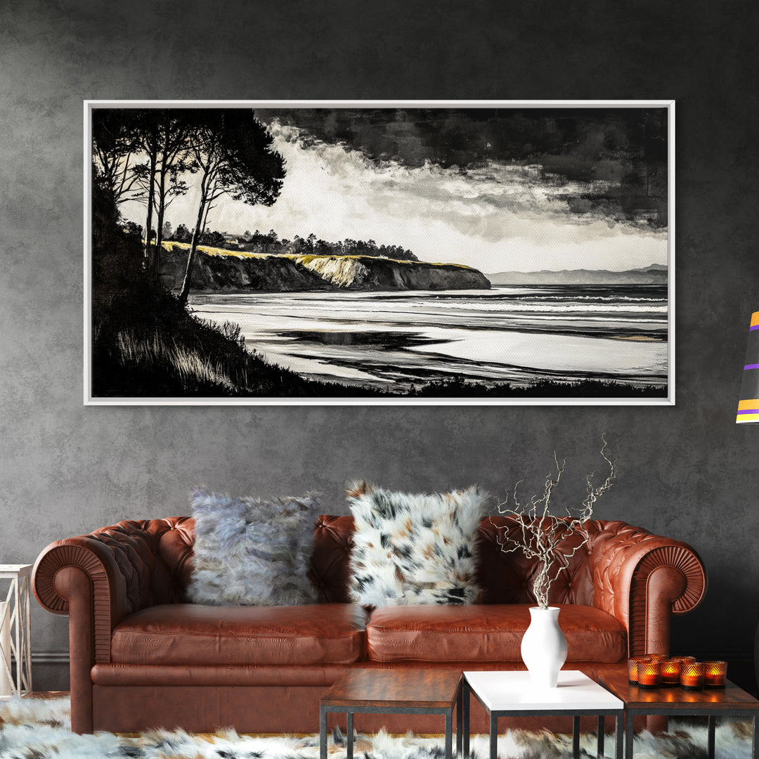 Black White, Coastal Cliffs, Seascape, Large Canvas Print, Ocean Wall Art, Modern Landscape, Minimalist Painting, Nautical Home Decor