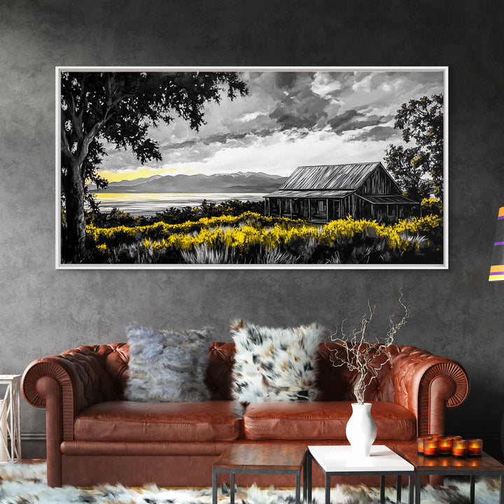 Rustic Cabin, Lake View, Black White Yellow, Large Canvas Print, Country Landscape, Farmhouse Wall Art, Living Room Decor, Framed Artwork