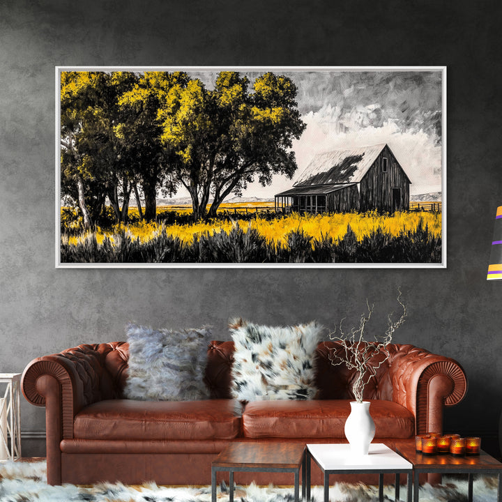 Rustic Barn, Country Wall Art, Western Farmhouse Decor, Black and White Art, Nature Landscape, Living Room Wall Art, Framed Canvas Print