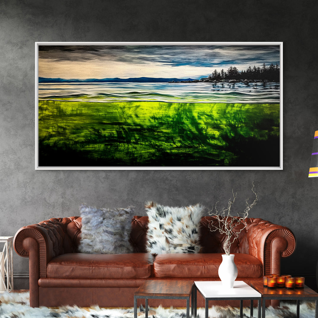 Coastal Reflection, Ocean Shore, Tranquil Seascape, Minimalist Beach Art, Nature Landscape Painting, Bedroom Wall Art, Framed Canvas Print