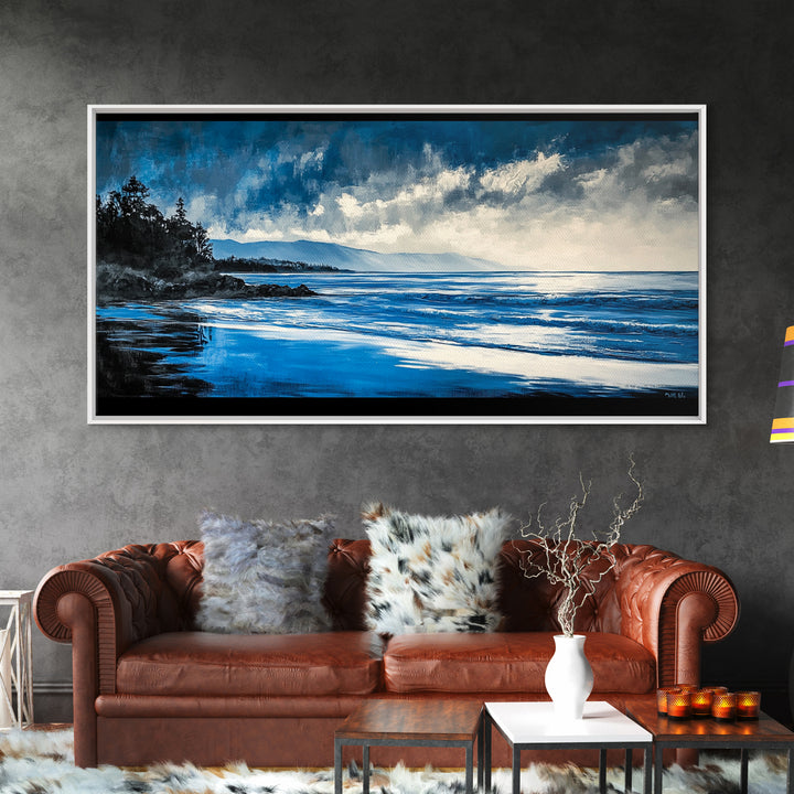 Blue Seascape, Coastal Landscape, Ocean Horizon Art, Serene Beach Painting, Nautical Wall Decor, Living Room Wall Art, Framed Canvas Print