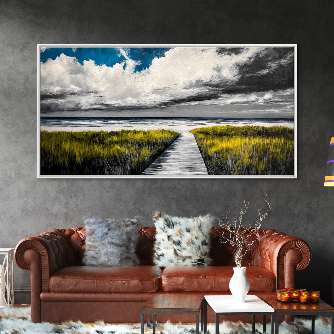 Beach Boardwalk, Coastal Landscape, Black and White Seascape, Nautical Decor, Living Room Artwork, Beach House Scene, Framed Canvas Print