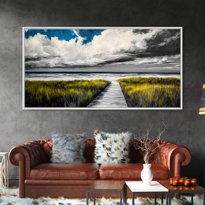 Beach Boardwalk, Coastal Landscape, Black and White Seascape, Nautical Decor, Living Room Artwork, Beach House Scene, Framed Canvas Print