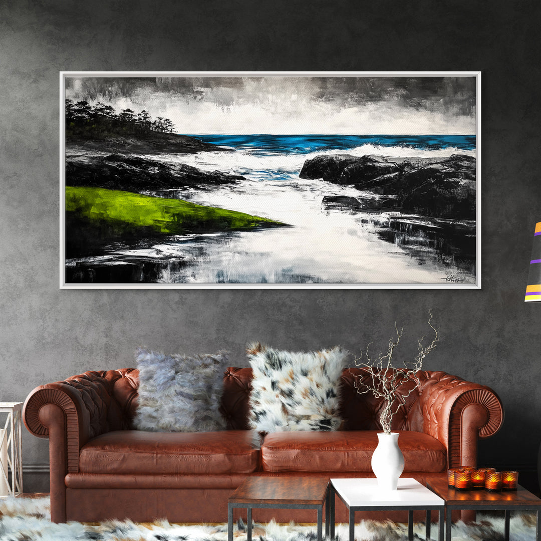 Rocky Shore, Ocean Wave Art, Coastal Seascape, Dramatic Beach Painting, Nautical Home Decor, Modern Coastal Print, Canvas Print
