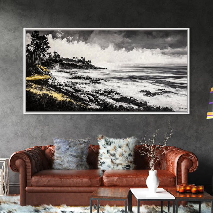 Rocky Shore, Monochrome Art, Serene Beach, Canvas Print, Coastal Landscape, Minimalist Art, Office Wall Decor, Nature Inspired Art