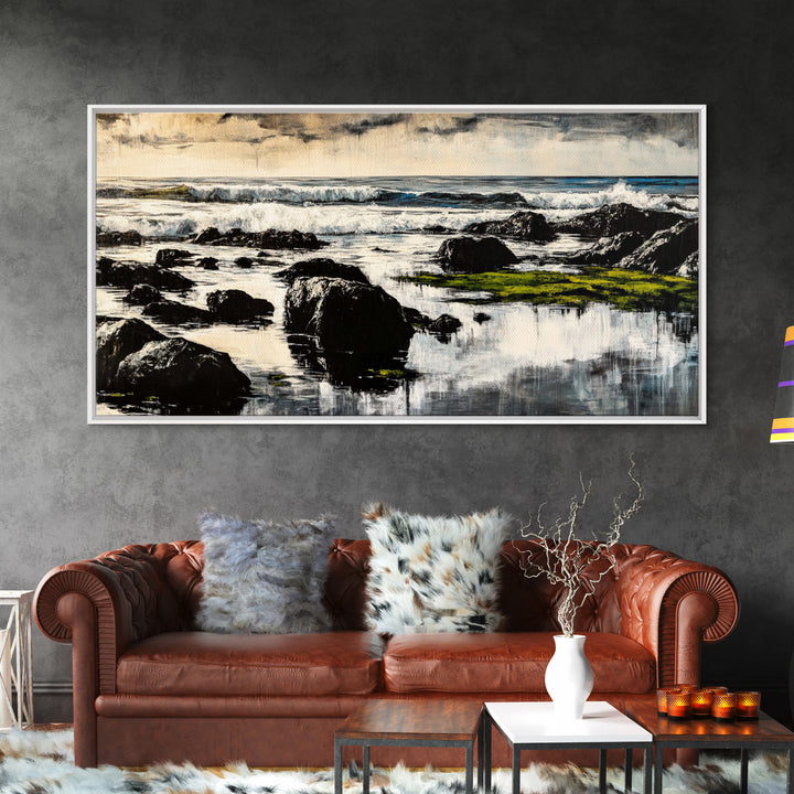 Rocky Coastline, Ocean Waves, Moody Seascape, Canvas Print, Nautical Wall Art, Monochrome Landscape, Bedroom Wall Art, Nature Aesthetic