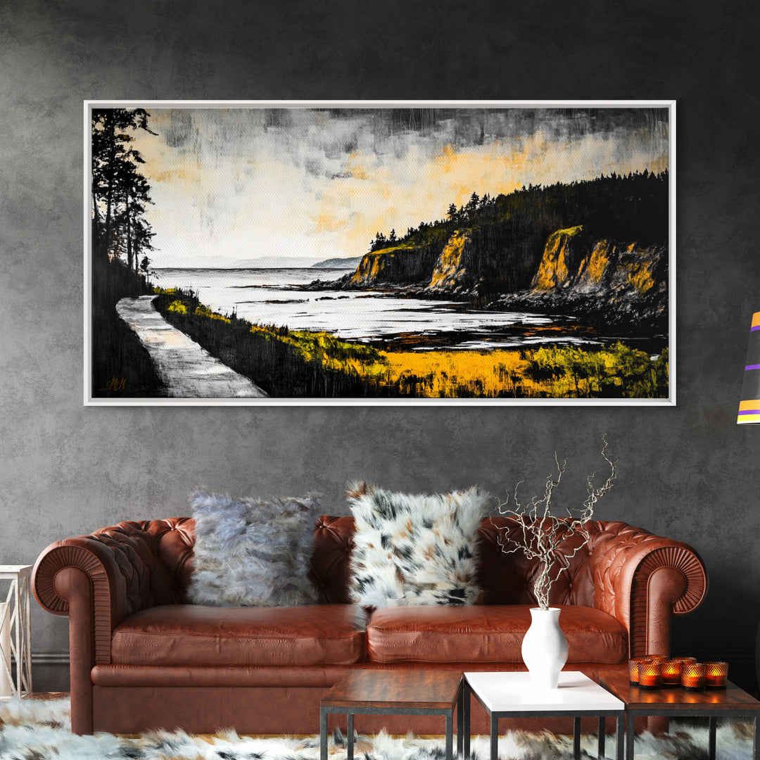 Rugged Shore, Coastal View, Autumn Landscape, Framed Canvas Print, Beach House Art, Living Room Wall Art, Minimalist Seascape Decor