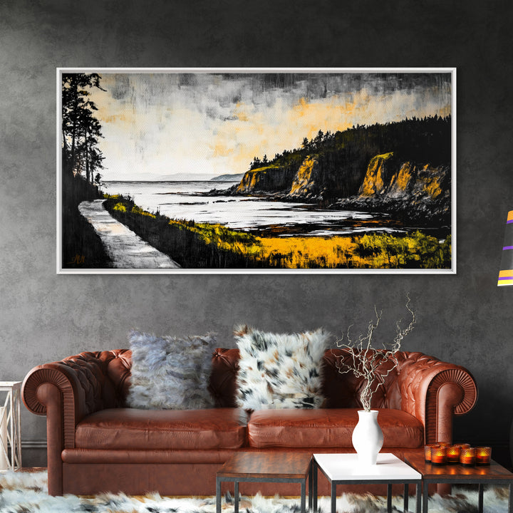 Rugged Shore, Coastal View, Autumn Landscape, Framed Canvas Print, Beach House Art, Living Room Wall Art, Minimalist Seascape Decor
