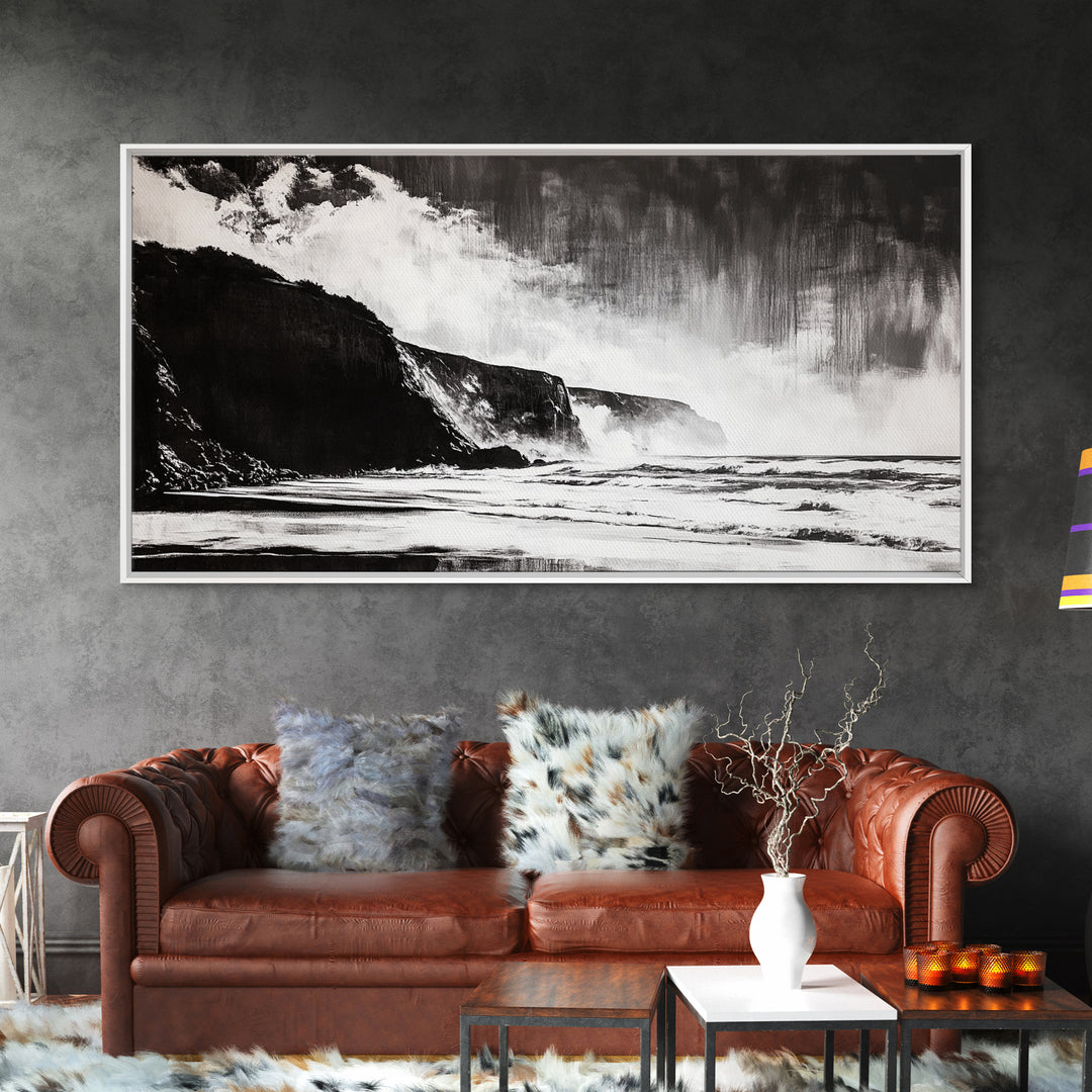 Cliffside Beach, Dramatic Seascape View, Framed Canvas Print, Black and White Art, Minimalist Decor, Bedroom Wall Art, Coastal Aesthetic