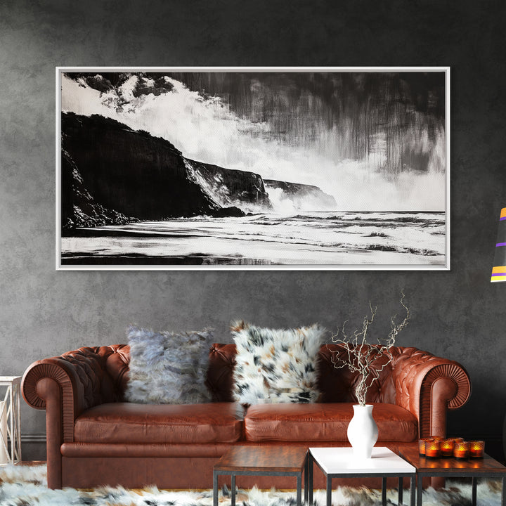 Cliffside Beach, Dramatic Seascape View, Framed Canvas Print, Black and White Art, Minimalist Decor, Bedroom Wall Art, Coastal Aesthetic