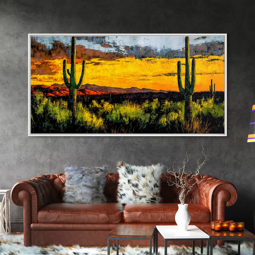 Desert Cactus, Western Sunset Art, Vibrant Landscape Canvas Print, Rustic Home Decor, Southwestern Wall Art, Office Art