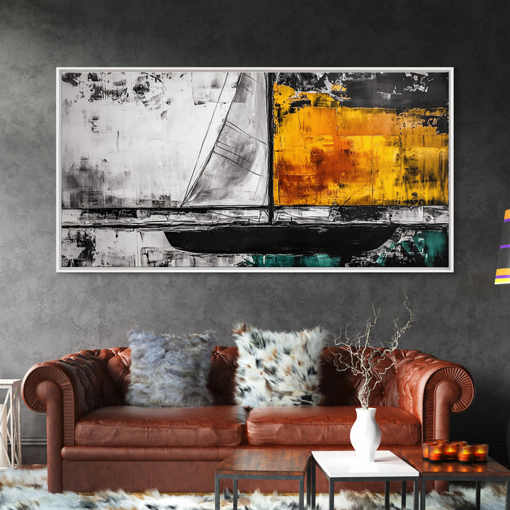 Abstract Sailboat, Nautical Canvas Print, Modern Minimalist Wall Art, Coastal Home Decor, Black and White Painting, Living Room Art