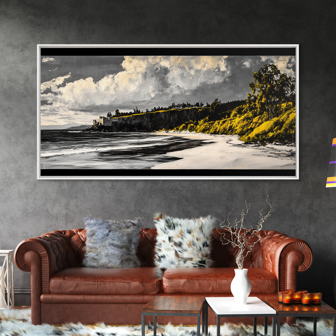 Castle Beach, Coastal Wall Art, European Landscape, Scenic Seascape, Travel Art, Historic Home Decor, Framed Canvas Print, Living Room Art