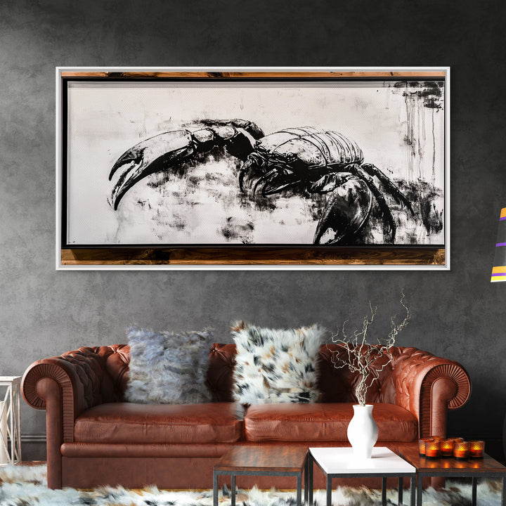 Crab Art, Black and White Coastal Decor, Nautical Wall Art, Beach House Aesthetic, Rustic Framed Canvas Print, Ocean Wildlife Art