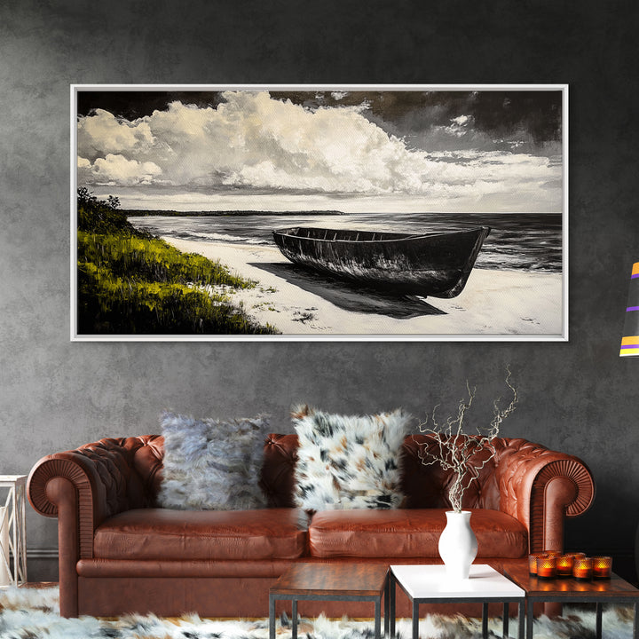 Abandoned Boat, Black White, Seaside Art, Framed Canvas Print, Rustic Beach Decor, Nautical Wall Art, Coastal Print, Office Decor