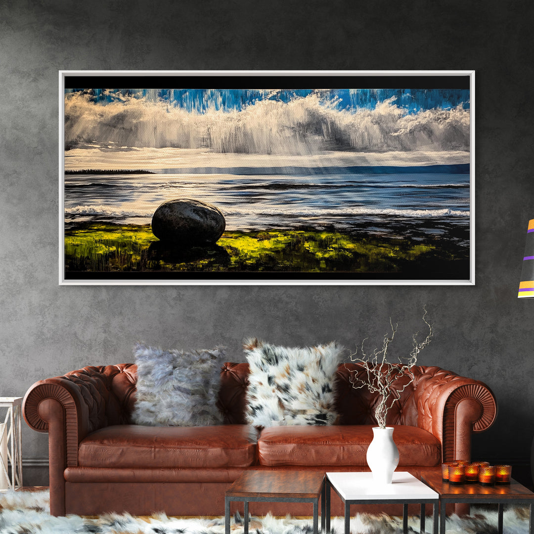 Coastal Rain, Ocean Reflection, Scenic Wall Art, Framed Canvas Print, Serene Nature Print, Landscape Decor, Bedroom Wall Art