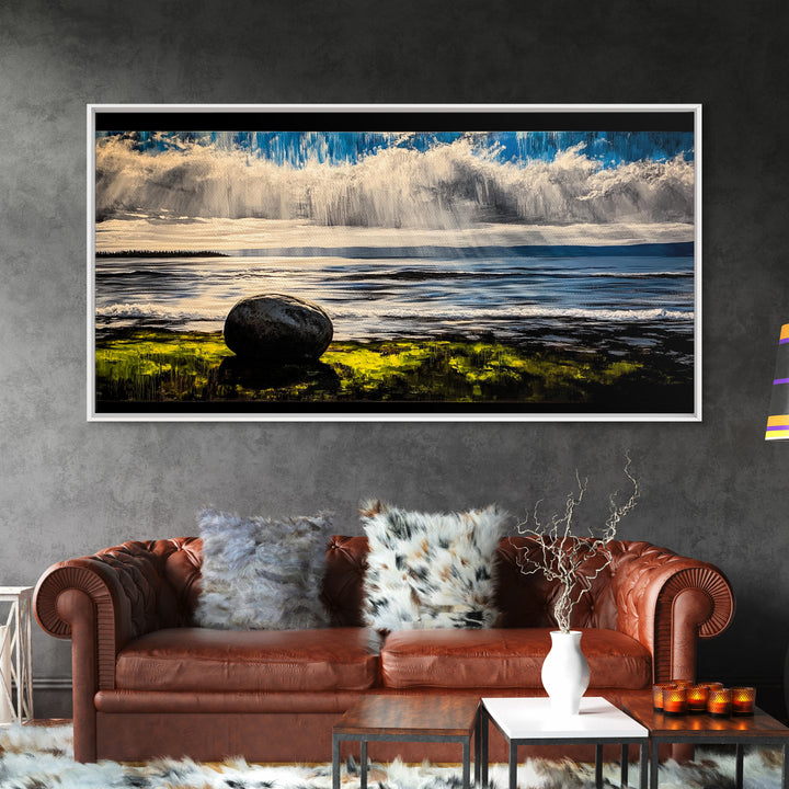 Coastal Rain, Ocean Reflection, Scenic Wall Art, Framed Canvas Print, Serene Nature Print, Landscape Decor, Bedroom Wall Art