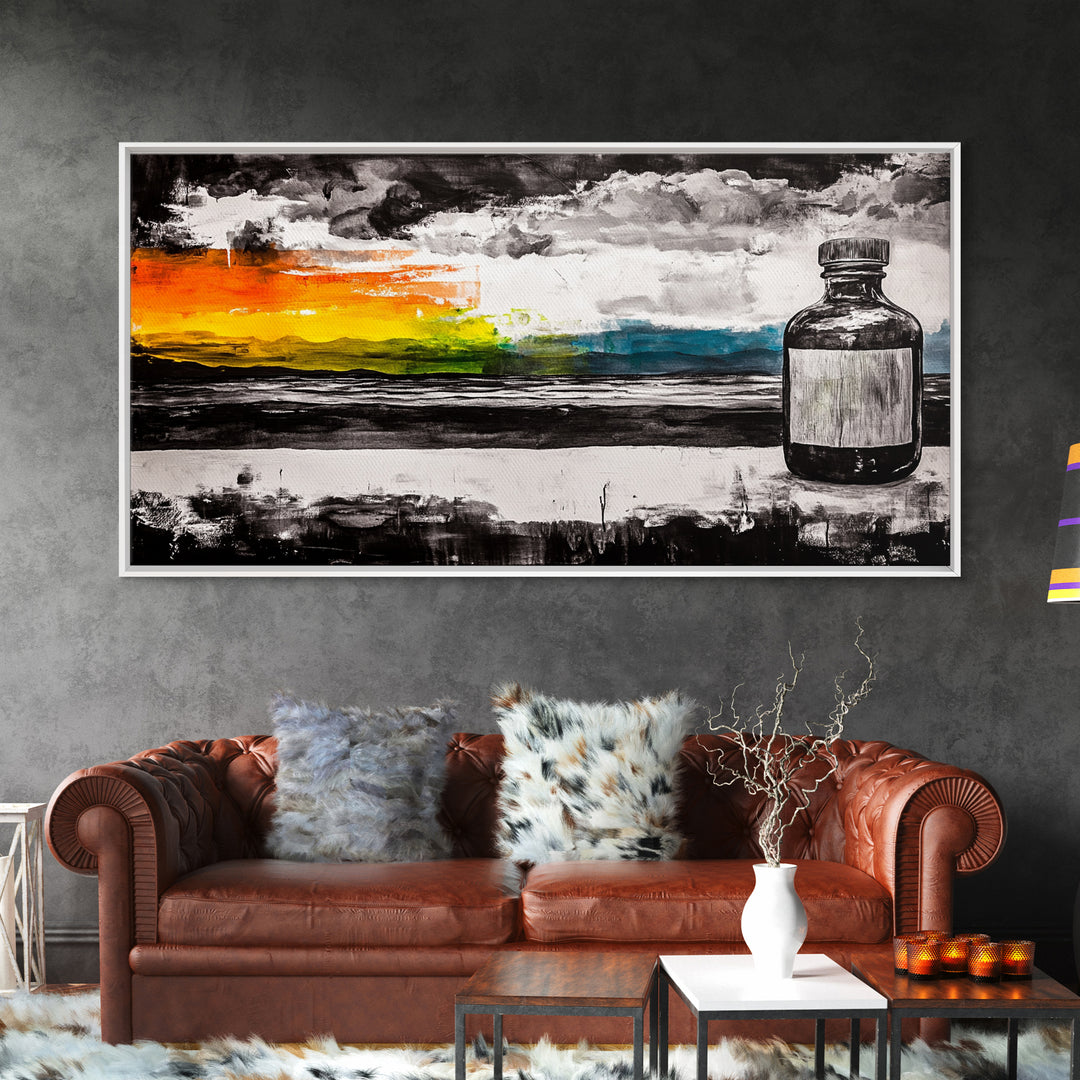 Medicine Bottle, Surreal Art, Sunset Print, Framed Canvas Print, Dreamy Landscape, Modern Wall Decor, Eclectic Art, Office Artwork