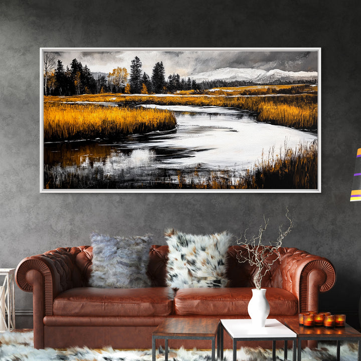 Autumn Landscape, Rustic River Scene, Golden Fields, Nature Wall Art, Farmhouse Style, Cabin Decor, Warm Tones, Framed Canvas Print