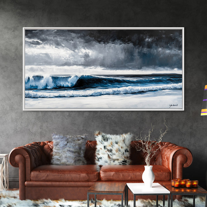 Stormy Ocean, Dramatic Seascape, Blue Waves, Coastal Decor, Moody Beach Art, Modern Wall Decor, Large Statement, Framed Canvas Print