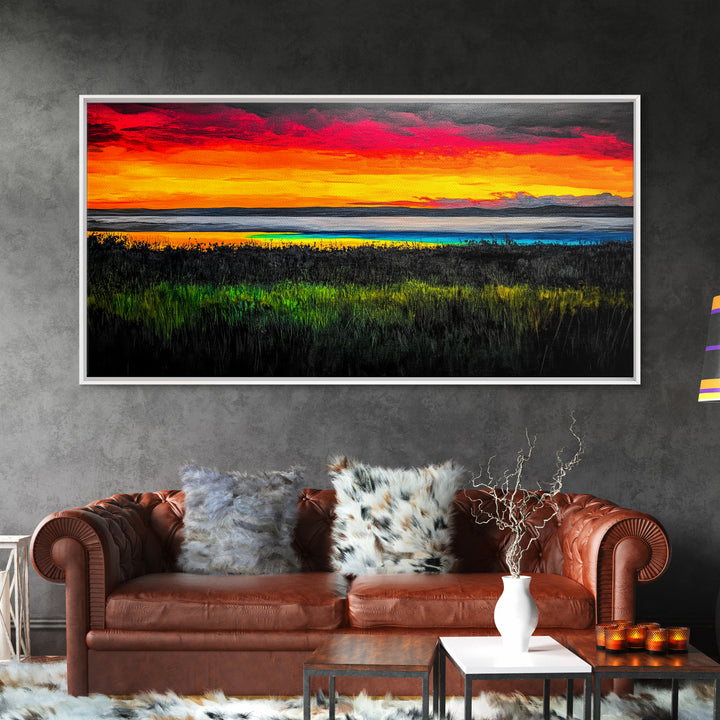 Colorful Sunset, Ocean Horizon, Bright Abstract, Vibrant Beach Art, Contemporary Landscape, Statement Piece, Canvas Print