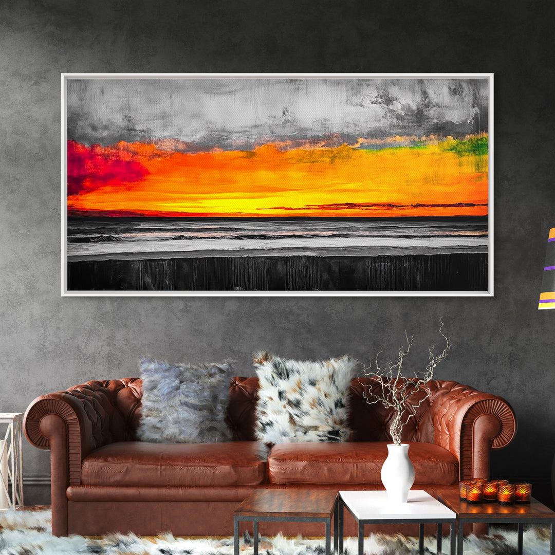 Coastal Sunset, Ocean Horizon, Bold Colors, Black and White Contrast, Modern Abstract, Warm Tones, Large Wall Art, Framed Canvas Print ?