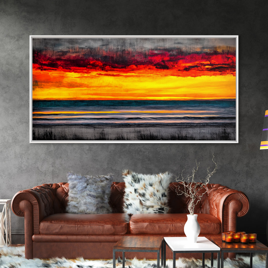 Sunset Beach, Ocean Art, Coastal Landscape, Modern Canvas Print, Boho Wall Art, Vibrant Seascape, Living Room Decor, Bold Art