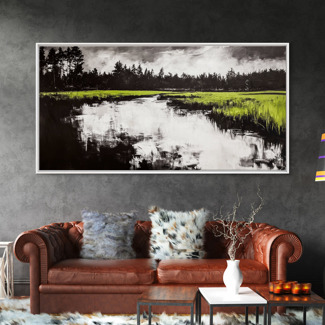 River Reflection, Nature Art, Moody Landscape, Modern Canvas Print, Green and Black, Office Wall Art, Minimalist Home Decor, Rustic Art