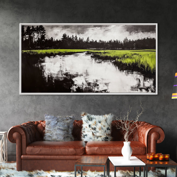 River Reflection, Nature Art, Moody Landscape, Modern Canvas Print, Green and Black, Office Wall Art, Minimalist Home Decor, Rustic Art
