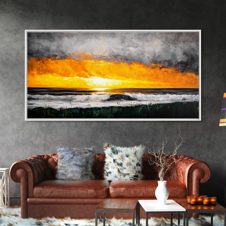 Ocean Sunset, Dramatic Clouds, Beach Waves, Framed Canvas Print, Coastal Wall Art, Living Room Art, Large Wall Decor