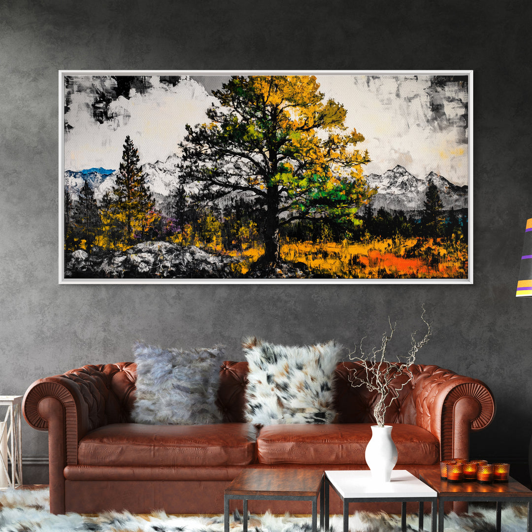 Autumn Tree Art, Mountain Landscape Painting, Fall Wall Decor, Nature Lover Gift, Framed Canvas Print, Rustic Cabin Home Accent
