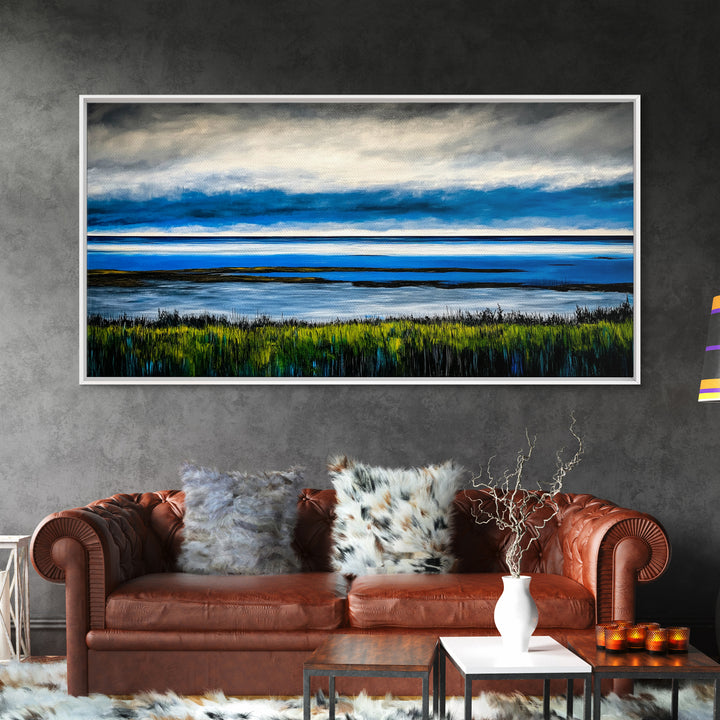 Ocean Horizon, Blue Sky, Coastal, Minimalist, Framed Canvas Print, Seascape Painting, Modern Wall Art, Living Room Decor, Tranquil Scene