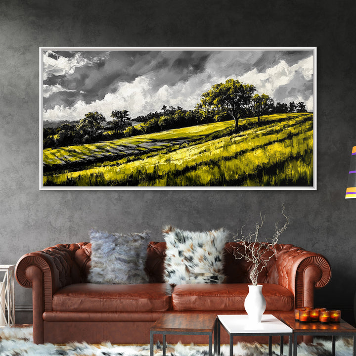 Rolling Hills Landscape, Peaceful Countryside Art, Green Field Painting, Rustic Home Decor, Framed Canvas Print, Serene Wall Accent