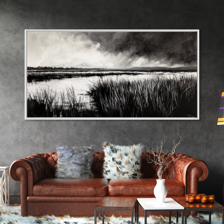 Marshland Landscape, Moody Black and White Art, Nature Wall Decor, Large Framed Canvas Print, Serene Wetlands Painting