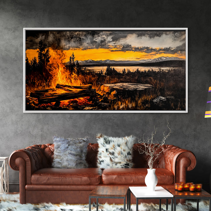 Campfire, Mountain Art, Sunset Landscape, Wilderness Print, Outdoor Wall Art, Adventure Home Decor, Cabin Wall Art, Framed Canvas Print